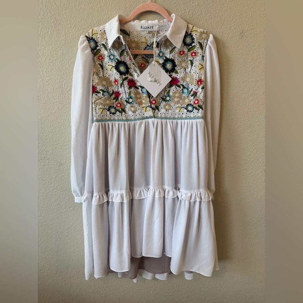 Elliatt White Tiered Long-Sleeve Dress with Multicolor Embroidered Yoke